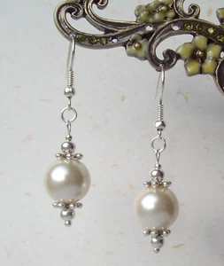 Large White Glass Pearl Vintage Styled Silver-Plated Drop Earrings in Gift Bag - Picture 1 of 5
