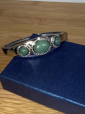 Stainless Steel Hinged Bangle Bracelet With Green Aventurine And White Crystal - Image 1 of 4