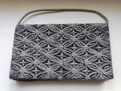 Bolso de Noche Vintage Terciopelo Negro, Diseño Zardozi Bordado Alambre Plateado, Elegante Foto 1 de 4