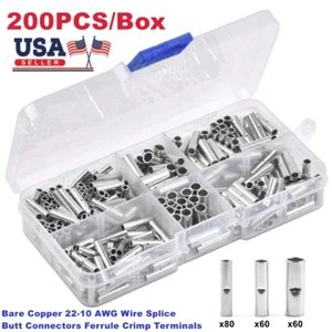 200pcs Bare Copper 22-10 AWG Wire Splice Butt Connectors Ferrule Crimp Terminals - Picture 1 of 9