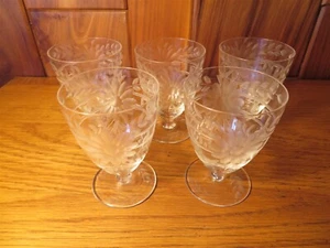 BEAUTIFUL ANTIQUE ETCHED ALL-OVER FLORAL SET/5 FINE FOOTED JUICE GLASS - Picture 1 of 5