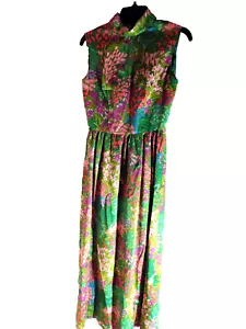 Vintage 60er Jahre grün rosa lila Blumen ärmellos Maxi Hostess Kleid 25" W Plissee FAB - Bild 1 von 18