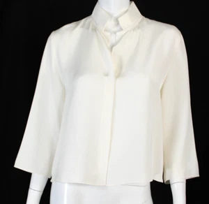 PETER COHEN Warm White Silk Faille Collared V-Neck 3/4 Sleeve Blouse L - Picture 1 of 8