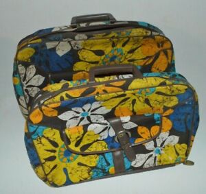Vintage Travel Carry On Bag Pair 1970s Canvas & Vinyl Blue Yellow Teal Brown