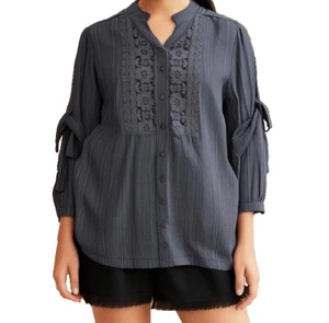 Krazy Kat Blouse Top Size XXL Gray/Silver Stripes Embroidery Button Up Sleeves - Picture 1 of 7
