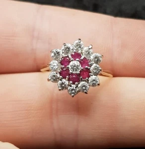 1986 Vintage English 9ct Gold Ruby Gemstone & Clear Stone Cluster Ring UK Size L - Picture 1 of 9