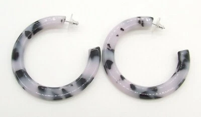 2 3/8" Black Spots & Translucent Pink Lucite Flat Hoop Earrings Pierced 9mm Wide Foto 1 de 4