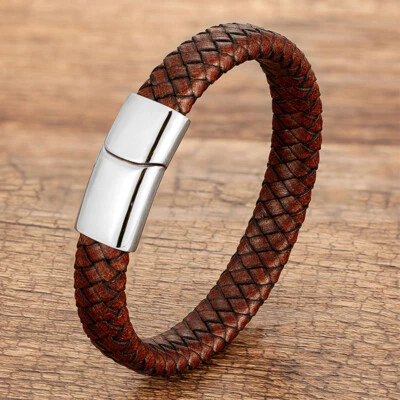 Men Stainless Steel Bangle Genuine Leather Braided Bracelet Magnetic Buckle Band - Image 1 of 2