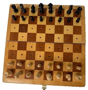 Miniature Chess Set Vintage Wooden Box Felt Pegged Pieces Travel Size - Picture 1 of 13