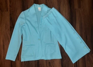 Vintage 1960’s 70s Stylecraft Blue/white Skirt Suit Silk Polyester Button Peplum - Picture 1 of 13