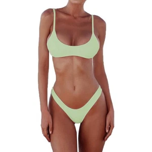 Women's Solid Scoop Neck Push Up Padded Brazilian Thong Bikini Swimsuit - Picture 1 of 4
