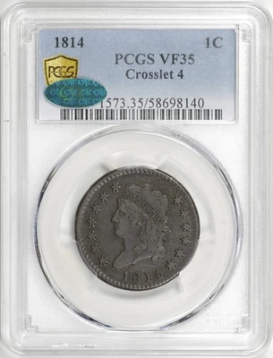 Centavo grande cabeza clásica 1814 1 c, Crosslet 4, graduación profesional VF35 CAC, ¡resistente! [BN140] Foto 1 de 4