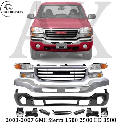 Front Bumper Chrome & Headlights Kit For 2003-2007 GMC Sierra 1500 2500 HD 3500 - Image 1 of 4