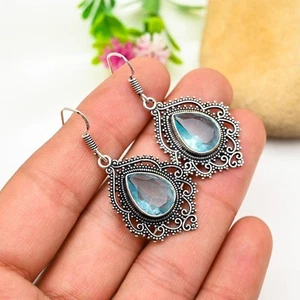 Blue Topaz Gemstone Handmade 925 Sterling Silver Jewelry Earring Size-1.50" - Picture 1 of 4