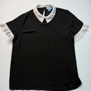 CeCe Shirt Damen Medium schwarz weiß Peter Pan Kragen Rüschen Plissee Ärmel - Bild 1 von 10