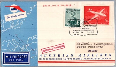 AUSTRIA 1960 ILLUSTRATED FIRST FLIGHT COVER VIA AUA WIEN -  BEIRUT POSTMARK WIEN - Image 1 of 2