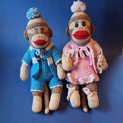 Vintage Sock Monkey Pair-Boy and Girl Monkeys with Crochet Outfits - Image 1 of 4