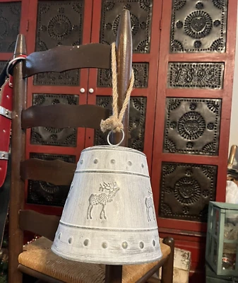 HUGE Tin Metal 7"+ Whitewashed Jingle Bell w embossed Reindeer Christmas Winter - Image 1 of 4