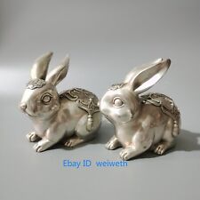 Collection A Pair Chinese Old Tibetan Silver Hand Carved Rabbit Statue