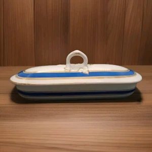 Antique Ceramic Divided Razor Toothbrush Dish & Lid W Handle White Blue Gold - Picture 1 of 17