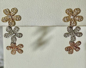 Macys Dangle Earrings Articulated 3 Flowers 14K Tri Color Gold and Diamonds - Picture 1 of 7