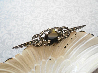 Sterling Silver 925 Marcasite Black Onyx Brooch Pin  3708B - Image 1 of 4