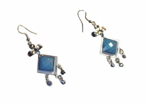 pierced earrings dangle silver colored iridescent blue green bead 2" long - Picture 1 of 4