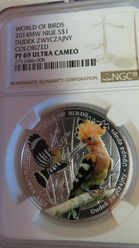 NIUE .999 Silver Coin Hoopoe DUDEK  COLORIZED WORLD OF BIRDS NGC PF 69 Pop 1 - Image 1 of 4