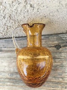 PILGRIM AMBER CRACKLE GLASS CREAMER / SMALL PITCHER  CLEAR APPLIED HANDLE - Picture 1 of 17