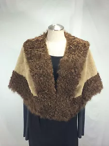 PRETTY-BEIGE-SHEAR-BABY-LAMB-FUR-LADY-CAPE-TRIM-W-BROWN-CASHMERE-WOOL-FREE-SHIPP - Picture 1 of 9