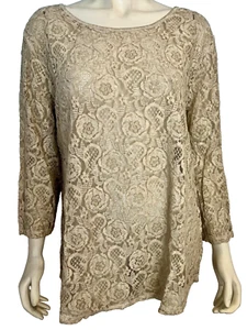 NWT Chico's Gold Linen Lace Long Sleeve Scoop Neck Top Size XL - Picture 1 of 4