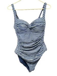 Nip Tuck Swim One Piece Bathing Suit Womens 6 Blue White Striped Ruched Nautical - Picture 1 of 5