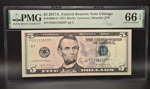 2017 A - Federal Reserve Five Dollar $5 ⭐ STAR Note ⭐-Chicago-PMG 66 EPQ - Picture 1 of 2