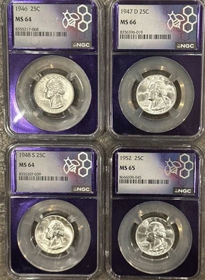 FOUR (4) WASHINGTON QUARTERS 1947 D 1952 P 1948 S 1946 P MS 66 65 64 Purple Core - Image 1 of 4