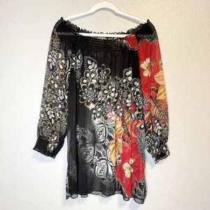 Additions by Chicos Blouse Size XL Sheer Smock Off Shoulder Y2K Art to Wear - Picture 1 of 7