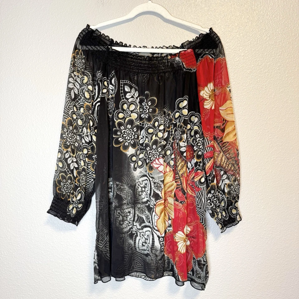 Additions by Chicos Blouse Size XL Sheer Smock Off Shoulder Y2K Art to Wear - Image 1 of 4
