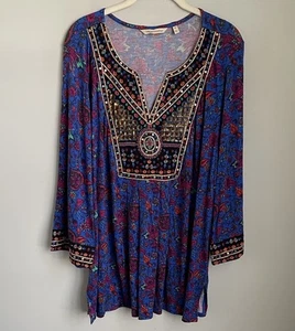 Weiche Umrandung blau bunt Blumendruck verziert Tunika Top Größe 2X - Bild 1 von 7