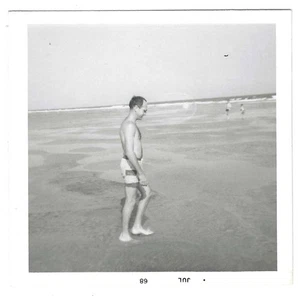 Vintage Vernacular Snapshot 1968 Dadbod on Beach Swimsuit Daddy - Picture 1 of 1