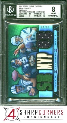 2007 TOPPS TRIPLE THREADS COMBO EMERALD NAMATH-BRADSHAW-TOM BRADY #'D/18 BGS 8 - Image 1 of 4