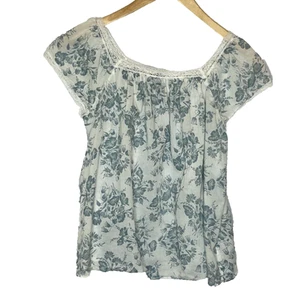 Girls' 12 Ralph Lauren Blue Floral Toile Lace Trim Cotton Short Sleeve Blouse - Picture 1 of 4