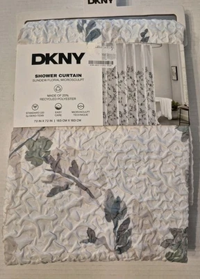 DKNY Sundew Floral White/Grey/Teal Microsculpt Fabric Shower Curtain 72x72" New - Image 1 of 4