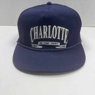 Boné vintage Charlotte chapéu Snap Back azul marinho Life In The Fast Lane masculino anos 80 - Imagem 1 de 4