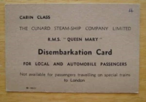 QUEEN MARY (Cunard) Disembarkation Card - Bild 1 von 1