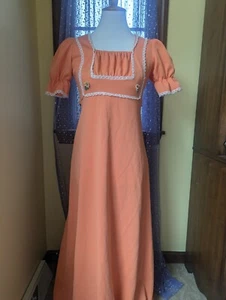 Vintage 70's Orange Polyester Puff Sleeve Lace Maxi Hippie Dress Size XS/S Small - Picture 1 of 19