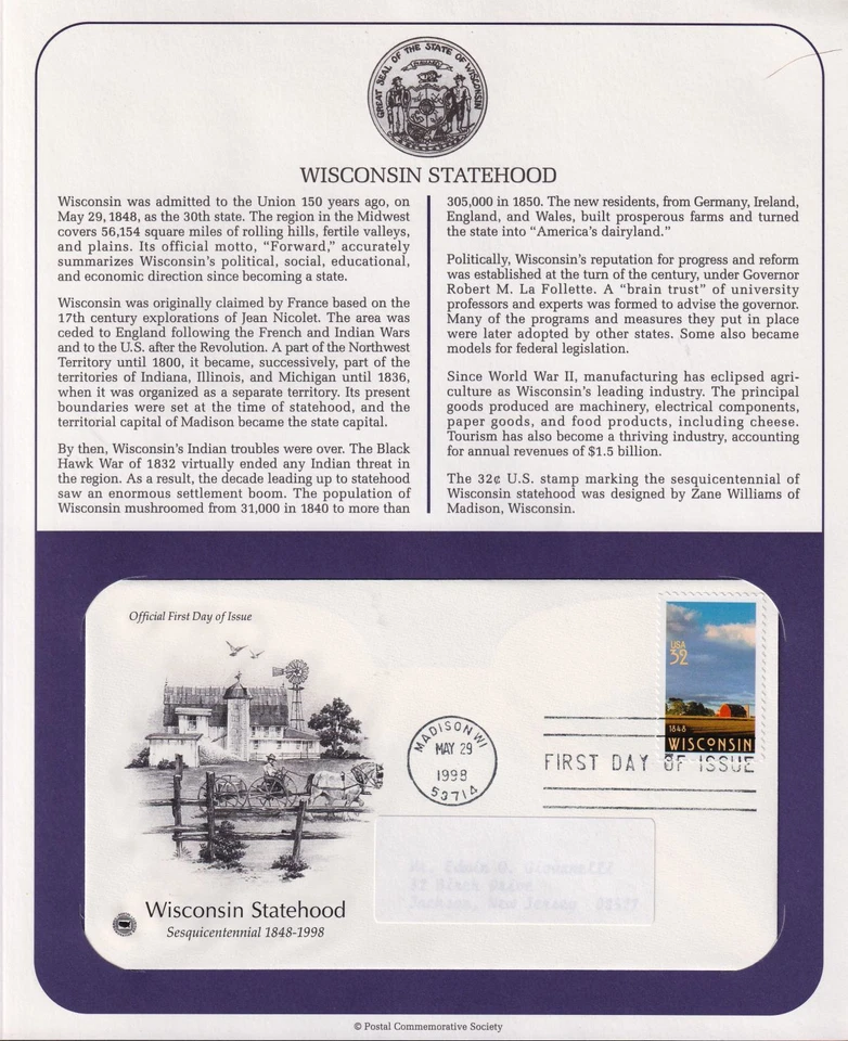1998 Wisconsin Statehood Sesqui 32c Sc 3206 FDC on a PCS cachet info page - Image 1 of 1