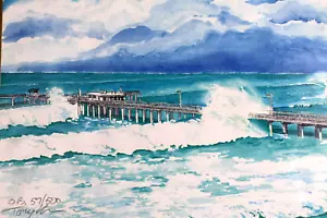 Ocean Beach O.B. Pier Waves Surf Impressionist Painting 1998 Signed Numbered Art - Picture 1 of 8
