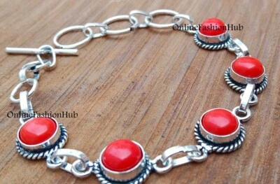 Подарок для женских ювелирных изделий браслет с покрытием из серебра 925 пробы с красным кораллом и драгоценными камнями 8 дюймов - Изображение 1 из 3