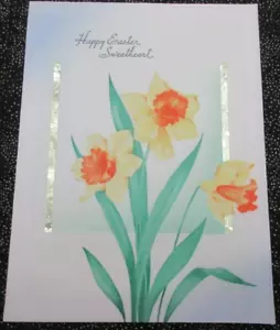TARJETA DE PASCUA "R" USADA DE COLECCIÓN PARA NOVIA; DISEÑO ART DECO; NARCISOS; FRANCÉS- - Imagen 1 de 4