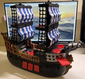 Fisher Price 2006 Mattel Imaginext Black & Red Pirate Ship Blue White Sails - Picture 1 of 6