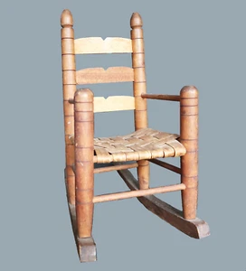 Cute vintage wooden ladder back cane bottom doll rocking chair - Picture 1 of 9